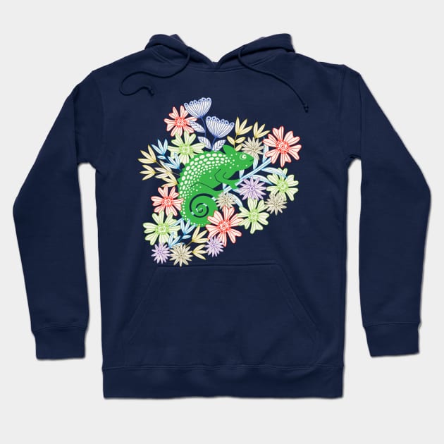 CHAMELEONS JUST WANNA HAVE FUN Cute Reptile Lizard with Rainforest Jungle Flowers in Jungle Green - UnBlink Studio by Jackie Tahara Hoodie by UnBlink Studio by Jackie Tahara